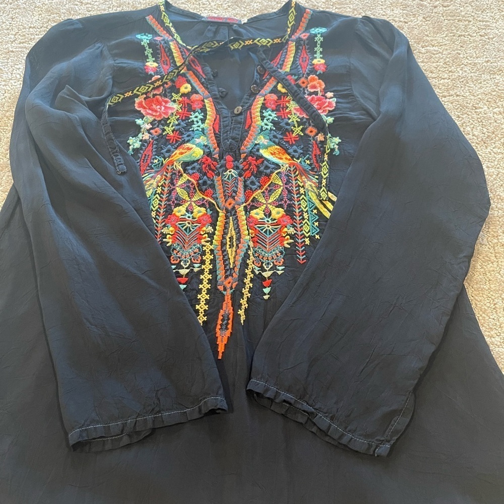 Johnny Was Embroidered Black Women's Blouse, Buttoned V-Neck, Long Sleeve, S - Picture 13 of 16